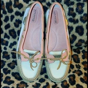 Sperry Angelfish Topsiders pink, beige tan & Gold